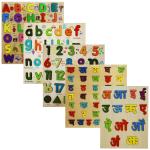 5 Pieces Wooden Educational Puzzle Combo Set- Capital ABCD & Small abcd, 1-20 Numbers, Nepali Varnamala (Ka Kha Ga) & (A Aa E)