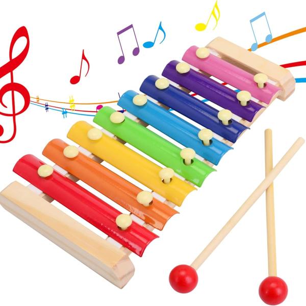 Wooden Xylophone for Kids- 8 Key Hand Knock Musical Instrument Toy with Colorful Keys & Mallets